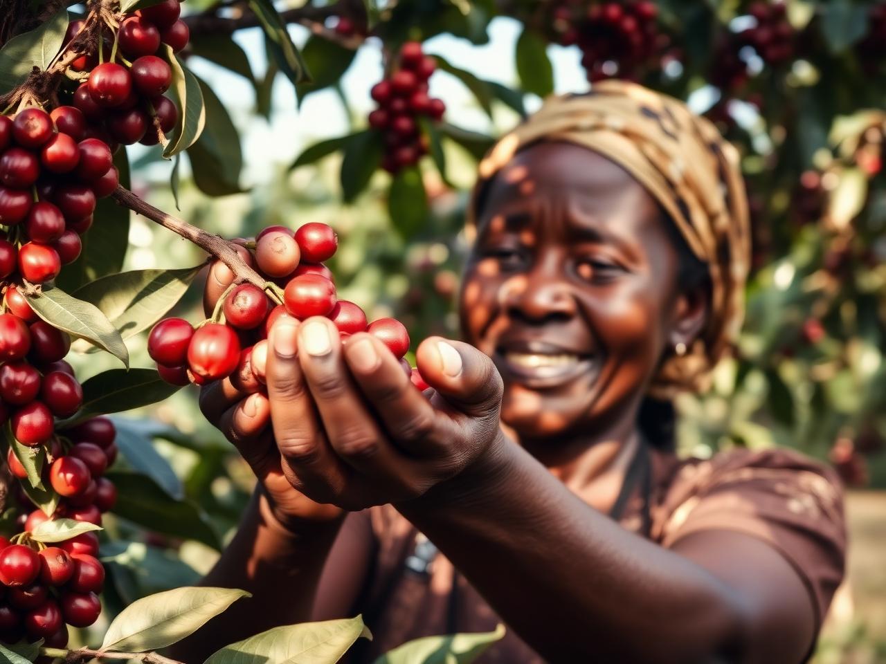 Ethiopian coffee farmer hand-picking ripe cherries