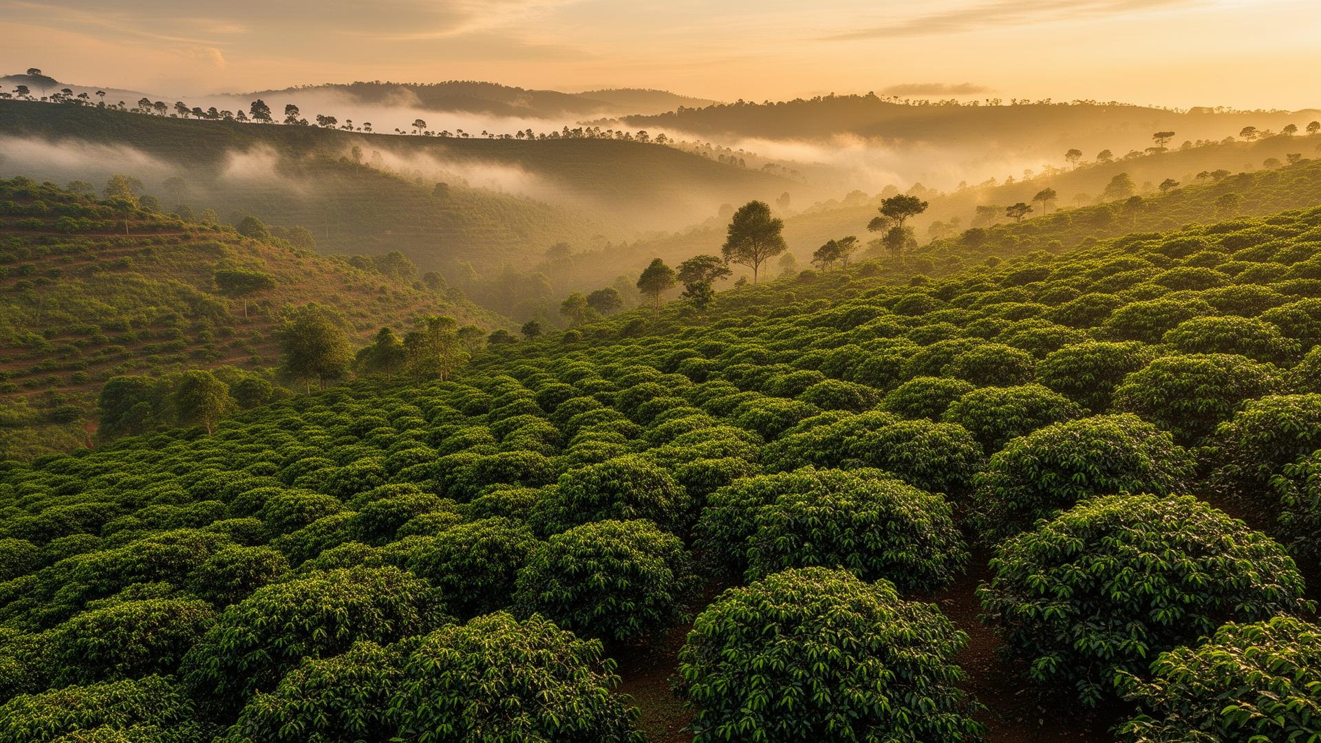 Ethiopian highland coffee plantation at sunrise